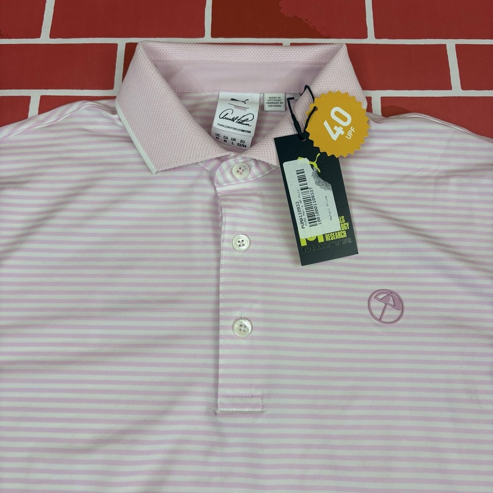 Puma Arnold Palmer MATTR Polo Shirt Mens M Pink Striped Golf UPF 40 Performance